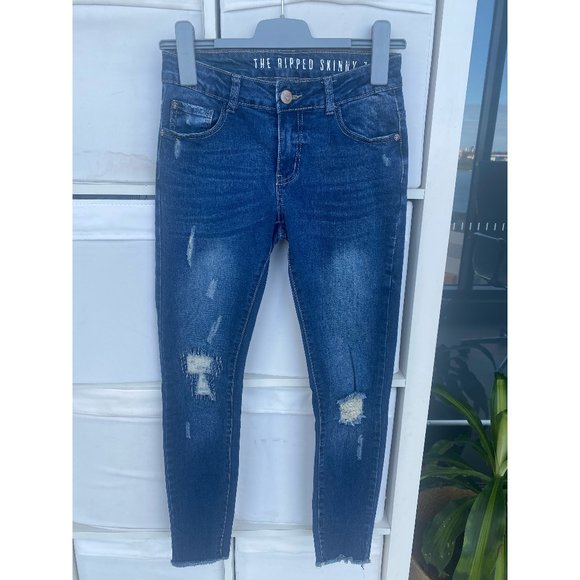 Cotton On Denim - Blue Distressed Ripped Skinny 7/8 Denim Jeans 8